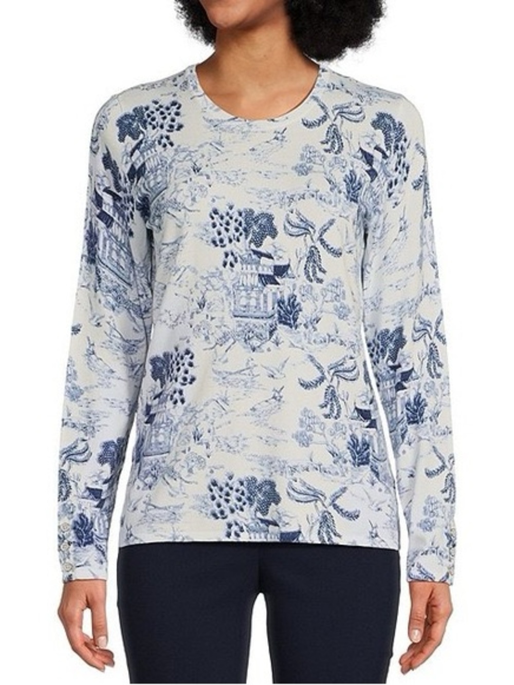 J. McLaughlin Lenny Chinoiserie Print Crew Neck Long Sleeve Top